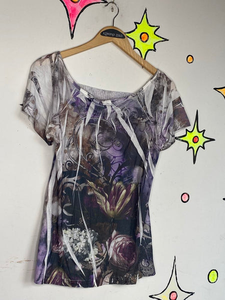 Y2K Purple Fairy Grunge Tattoo Print Top McBling Vintage Suzie Aesthetic M