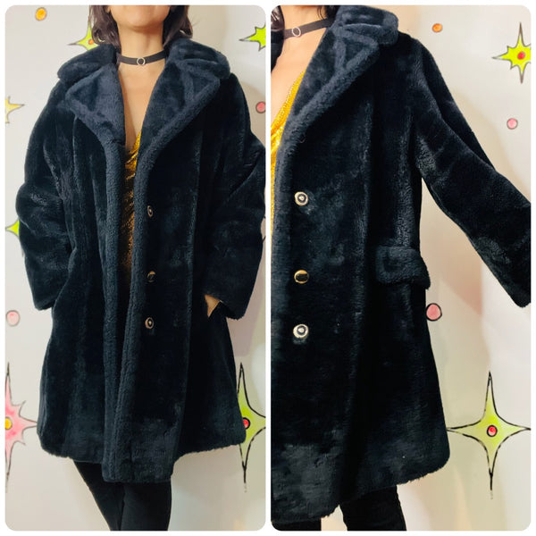 Vintage 70s Black Fluffy Vegan Faux Fur Teddy Bear Coat – Boho Glam Grunge - M/L