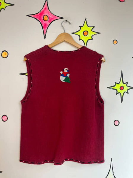 Vintage 90s Red Christmas Vest | Snowman Sweater Vest | Ugly Xmas Party – Size M