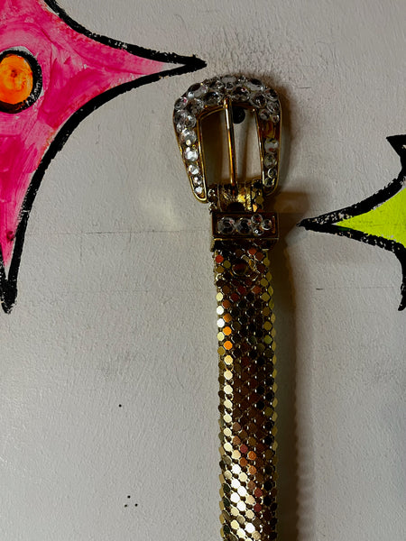 Vintage 70s/80s Gold Rhinestone Disco Mesh Waist Belt – Western Glam Bling – S/M
