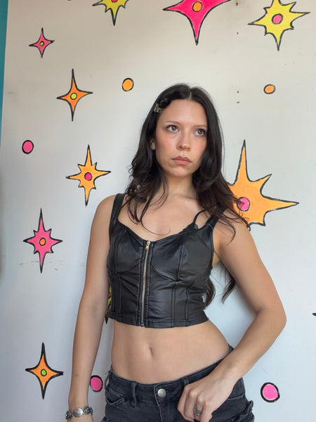 Y2K Vegan Leather Corset Top - Zip Front Punk Biker Goth Crop Top - Small