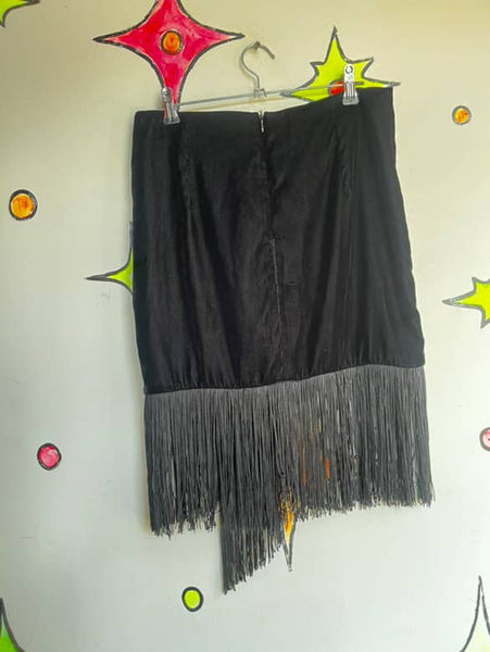 Y2K Meets 20s Black Velvet Fringe Skirt - Flapper Goth Whimsy - ZARA Size S