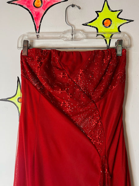 Vintage 90s Y2K Red Glitter Fairy Grunge Formal Strapless Holiday Maxi Dress – M