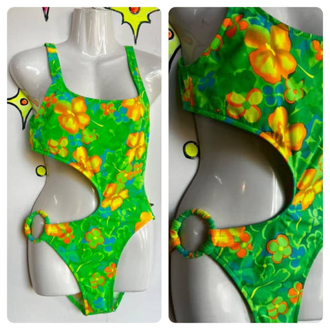 Vintage 70s 80s | Day Glo Green Floral One Piece Cut Out Swimsuit Bodysuit | L