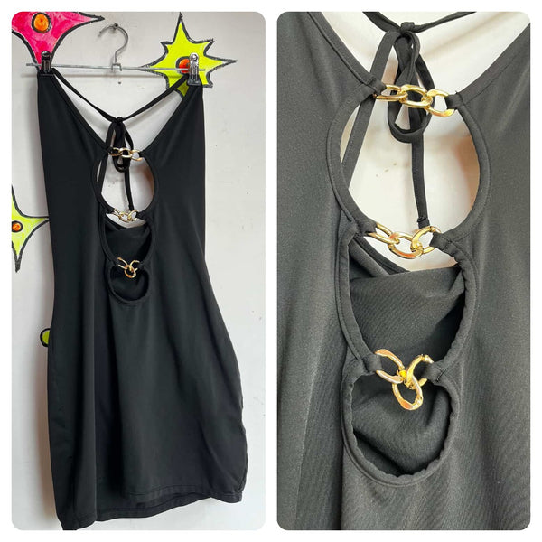 Vintage Y2K | Black Cut Out Gold Chain Details Punik Goth Halter Mini Dress | S