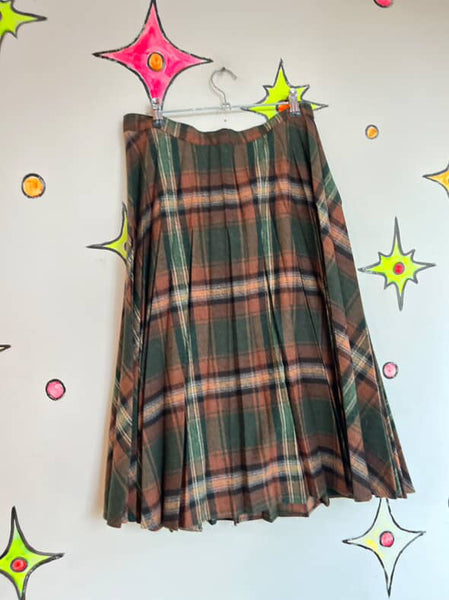 1950s Plaid Pleated Twirl Skirt – Fit & Flare Pin-Up Grunge Schoolgirl Style – M