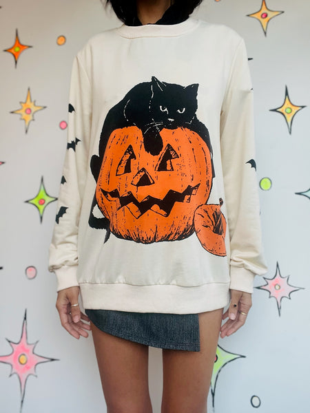 Vintage Halloween Sweater Witchy Black Cat and Pumpkin Size M