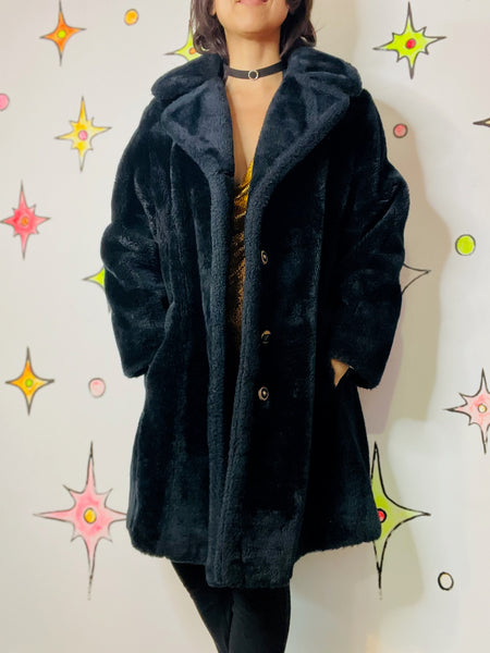 Vintage 70s Black Fluffy Vegan Faux Fur Teddy Bear Coat – Boho Glam Grunge - M/L