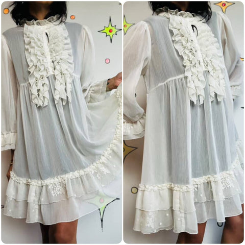 Vintage 90s Y2K Sheer White Ruffle Neck Pirate Victorian Dress Romantic Boho | M