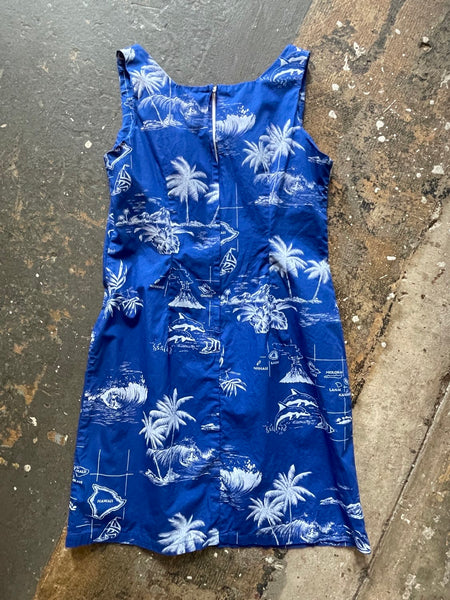 Vintage Retro Blue Aloha Hawaiian Mini Souvenir Vacation Tiki Dress M