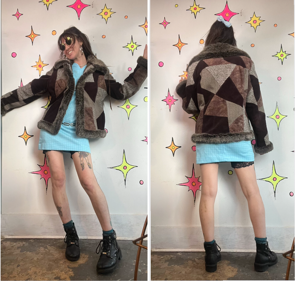 Y2K Penny Lane Faux Fur Patchwork Coat Boho Glam Western Festival Luxe L