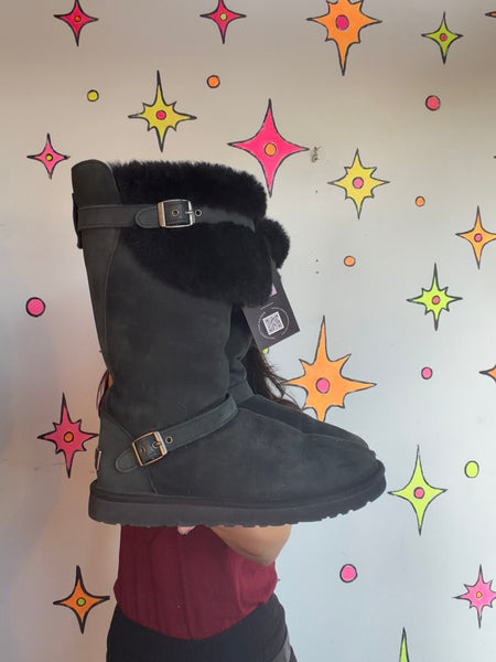 Y2K UGG Australia Sheepskin Genuine Leather Classic Black Winter Boots US 7