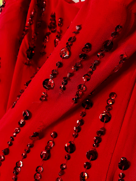 Vintage Red Fringe Flapper Christmas New Year Holiday Party Dress Sequin Glam XS