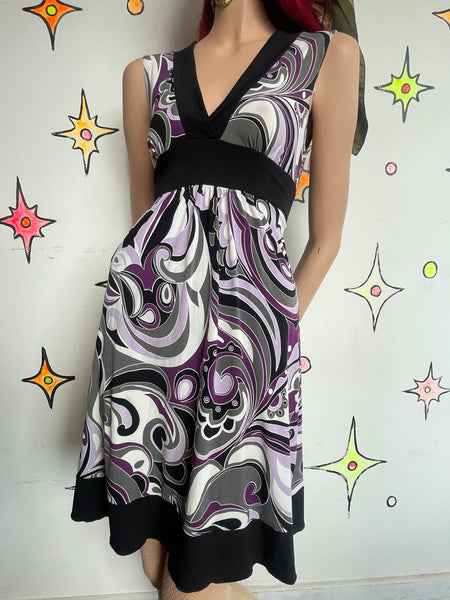 Y2K Deep Purple Paisley Fairy Grunge Slinky Stretchy Asymmetrical Mini Dress M