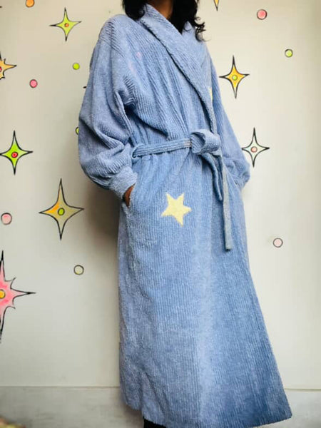Vintage 80s 90s Celestial Moon & Stars Fuzzy Plush Bath Robe - Size L