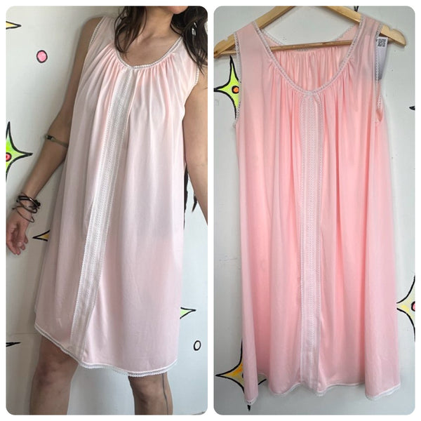Vintage 50s 60s Pink Lace Nylon Slip Dress | Retro Babydoll Nightgown Lingerie L