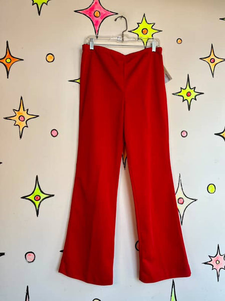 Vintage 70s Cherry Red Disco Bellbottom Pants – Groovy Polyester Wide Leg – M