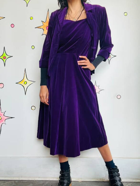 Vintage 1940s–50s Bright Purple Velveteen 3-Piece Suit | Fit & Flare | 28” Waist