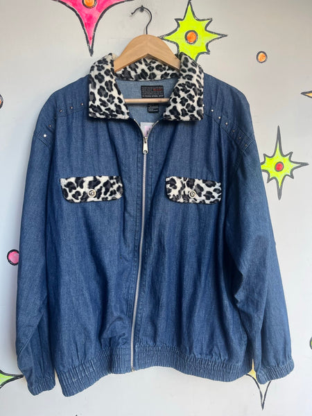80s Denim Jacket with Leopard Trim | Boho Grunge Studded Jean Jacket – L