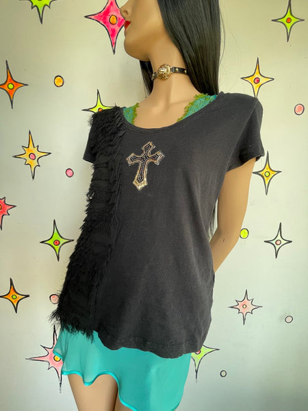 Tommy Hilfiger Y2K Embellish Cross Top Indie Sleaze Whimsy Goth Graphic Tee ML