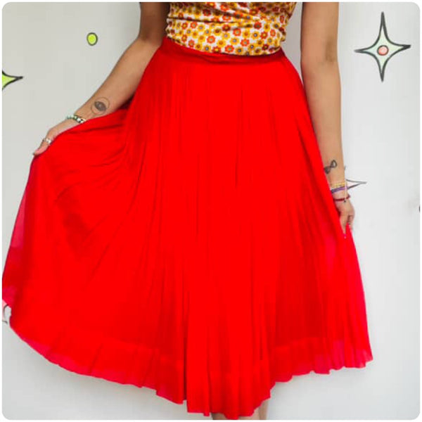 Vintage 50s 60s Bright Red Pleated Full Twirl Skirt Tulle Sheer Chiffon Layers S