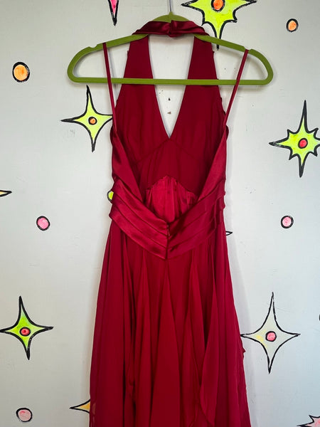 Y2K Red Silk Halter Fairy Princess Prom Dress Silk Halter Gown BCBG Max Azria XS