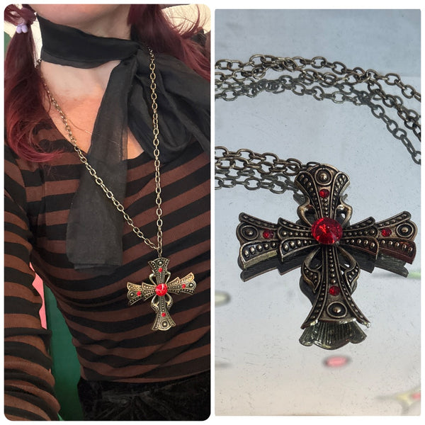 Romantic Gold and Red Goth Vampire Cross Necklace Witchy Gothic Jewelry