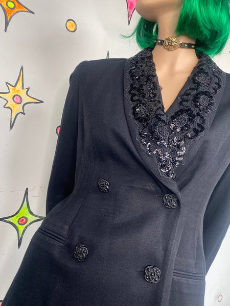 80s Black Sequined Blazer Petite Sophisticate Glam Mob Wife Maximalist S