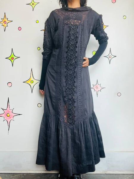 Antique Cotton Lingerie Dress - Late 1900s – Early 1910s Black Lace Goth