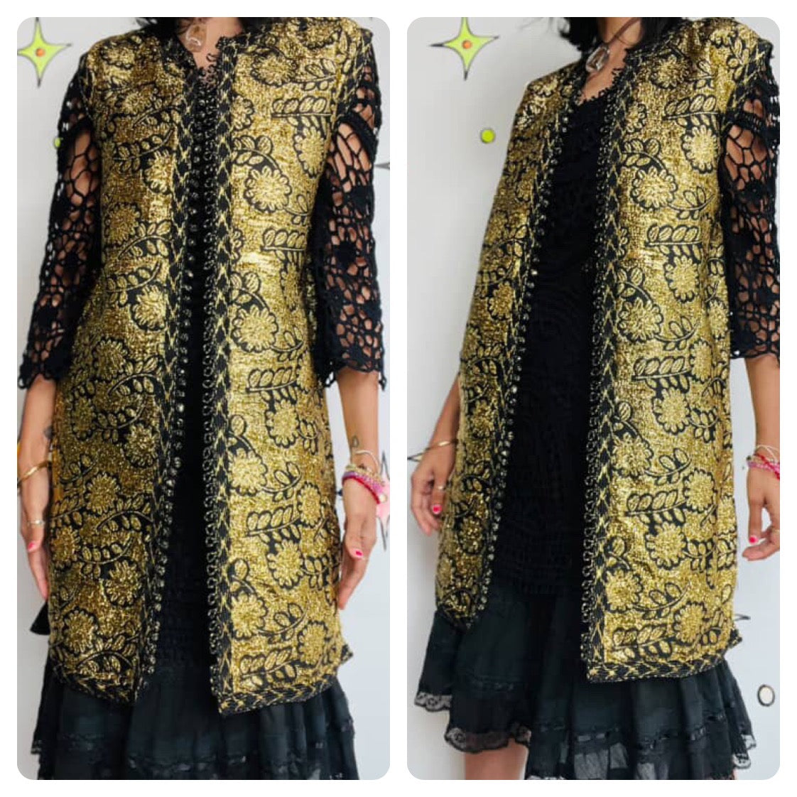 Vintage 60s 70s Bohemian Afghan Waistcoat Vest Golden Embroidered Layering Piece