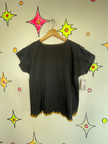 Mexican Embroidered Sunflower Top Black Boho Grunge Whimsigoth L