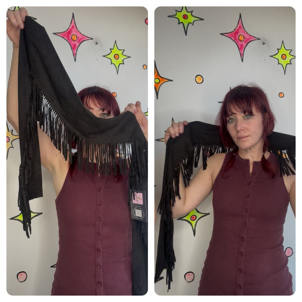 Vintage Sheer Black Fringe Shawl - Western Boho Grunge Witchy Goth Wrap Scarf