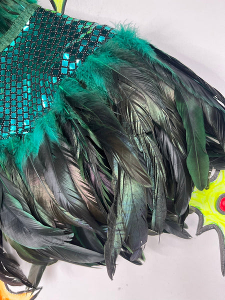 Y2K Metallic Emerald Feather Cape Glam Costume Statement Piece