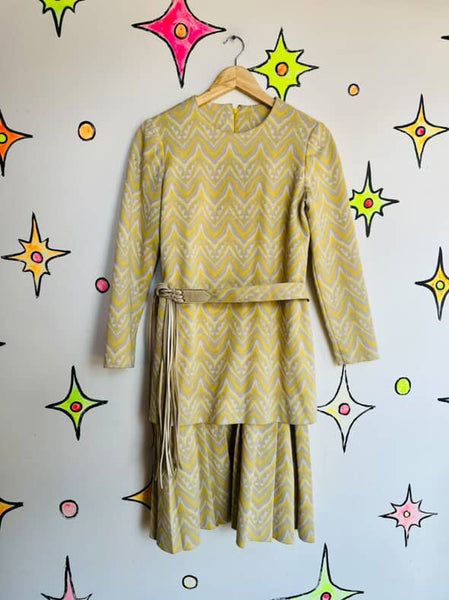 Vintage Groovy 60s 70s Nautical Sailor Art Print 2 Piece Mod Mini Dress Set S M
