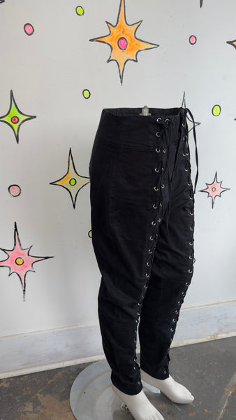 Black Lace Up Pants Western Goth Statement High Rise Sexy Rocker Trousers Sz 10