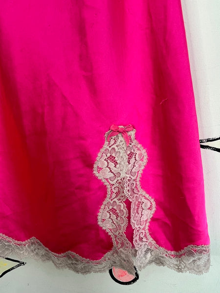 Vintage Victoria’s Secret Hot Pink Satin Slip Dress Lace Babydoll Lingerie – L