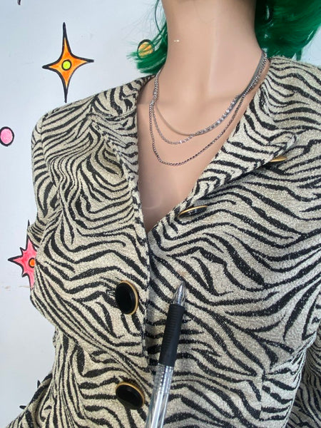 Vintage 90s Zebra Print Blazer Leslie Fay Vegan Animal Print Office Siren Glam - S