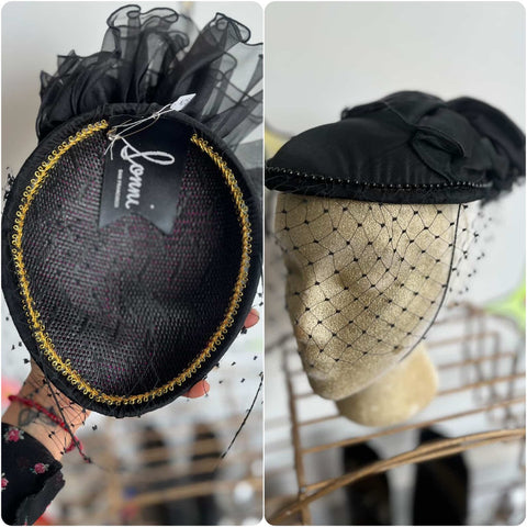 Vintage 50s Black Fascinator Hat with Veil – Goth - Pin Up – Retro Cocktail Glam