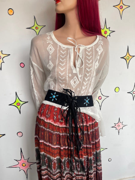 Black Fringe Western Goth Faux-Turquoise Vegan Suede Wrap Belt S/M