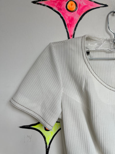 Vintage 1960s–70s White Ribbed Go-Go Mod Romper | Groovy Mini Playsuit | XS