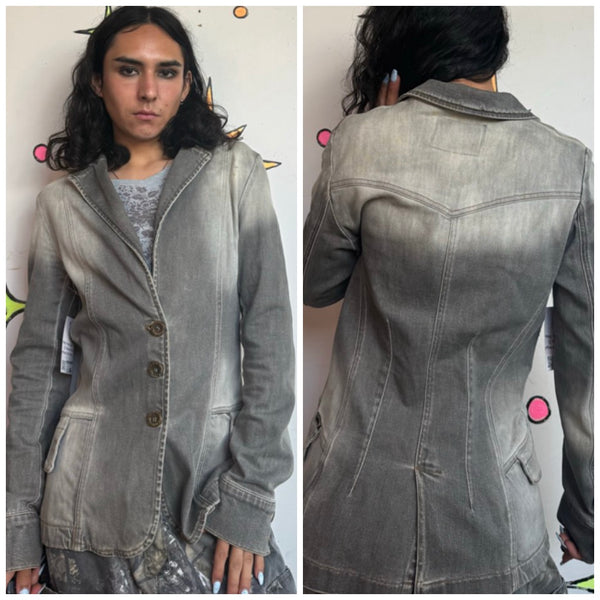 Guess Y2K Denim Blazer Distressed Charcoal Indie Sleaze Jacket S