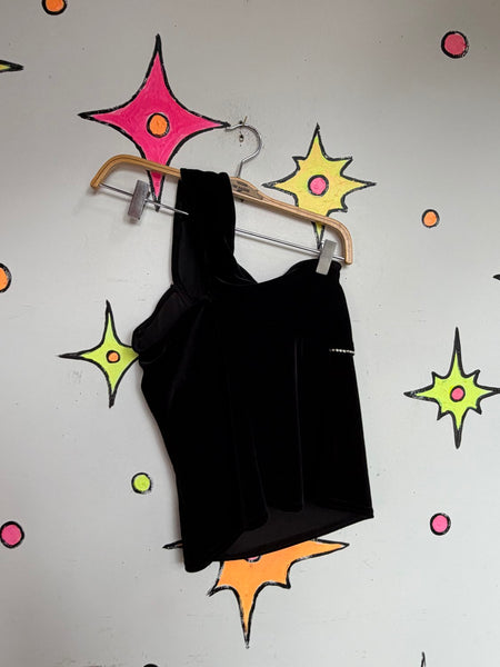 Vintage 90s Black Velvet One Shoulder Top | Goth Grunge Asymmetrical Party Top S