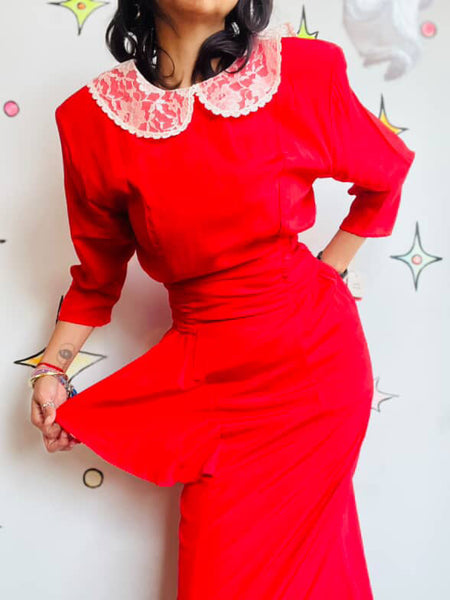 Vintage 80s Secretary Dress - NWT - Babydoll Grunge Cherry Red - Lace Collar - S