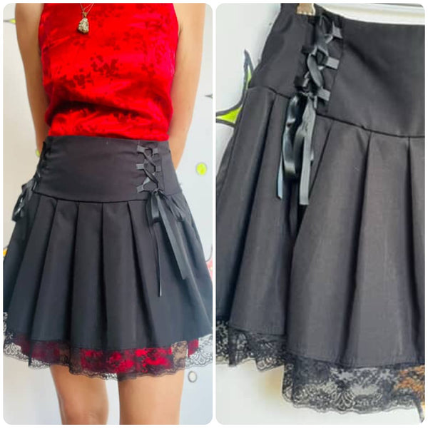 Vintage 90s Y2K Black Pleated Goth Fairy Coquette Babydoll Mini Skirt w Lace | S