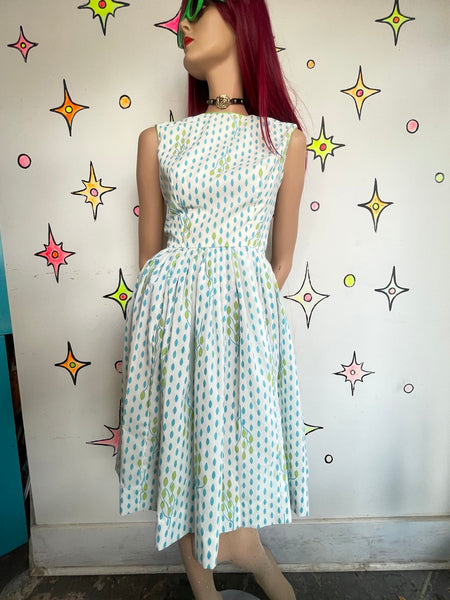 Vintage 1950s White Blue Floral Twirl Dress Retro Rockabilly Fit & Flare S