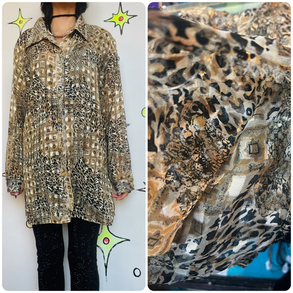 Vintage 90s Y2K Leopard Patchwork Sheer Blouse – Boho Grunge Glam Button-Up - XL