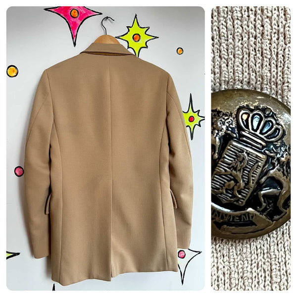 Vintage 70s | Men's Tan Polyester Dagger Collar Blazer Jacket | Small / Medium