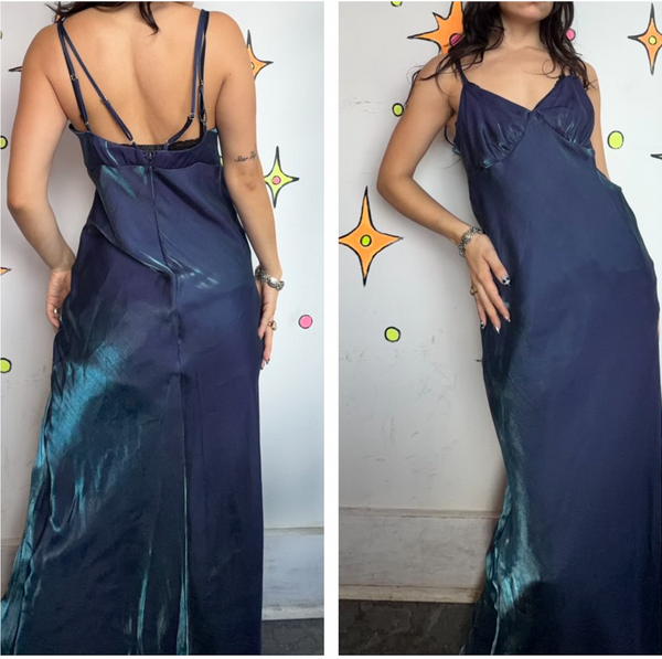Vintage 90s Blue Iridescent Maxi Slip Dress | Fairy Grunge Y2K Glam Small Medium