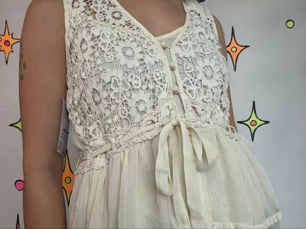 Vintage Y2K Off White Crochet Fairy Grunge Top Boho Emo Coquette Soft Girl - S