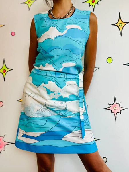 Vintage Groovy 60s 70s Nautical Sailor Art Print 2 Piece Mod Mini Dress Set S M